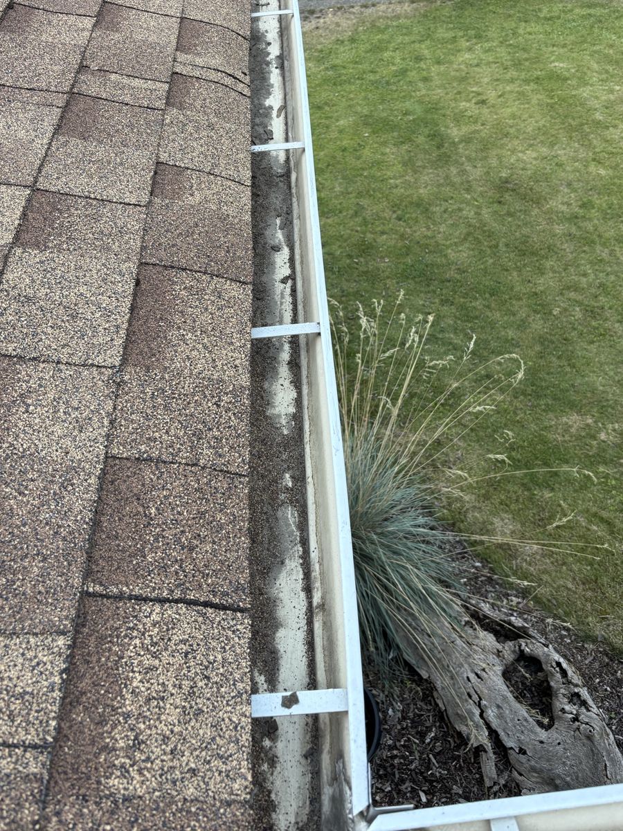 The same gutter after cleaning, with the leaves and bark cleared out